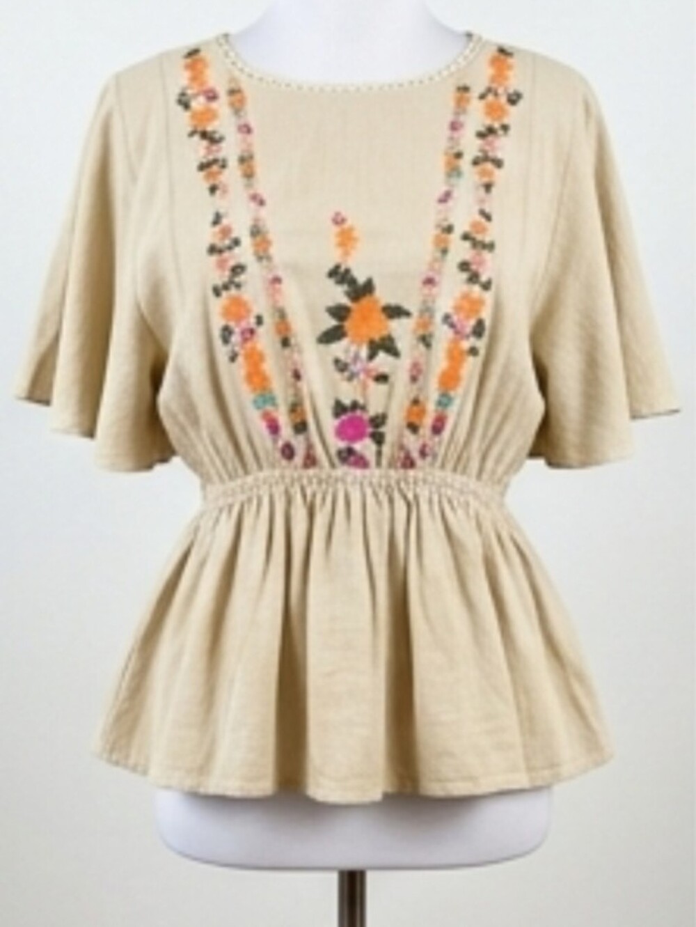 Umgee Beige Embroidered Peplum Top with Flutter Sleeves